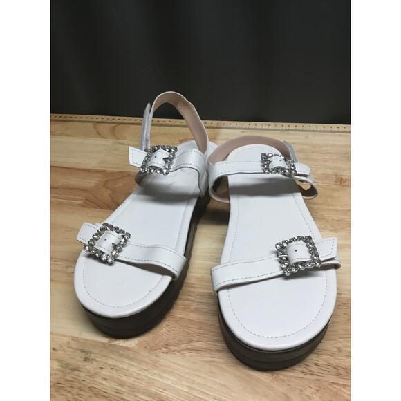 Schutz Ruth Flatform Sandal Womens 8.5 White Leather Embellished Buckle Open Toe - Picture 1 of 7